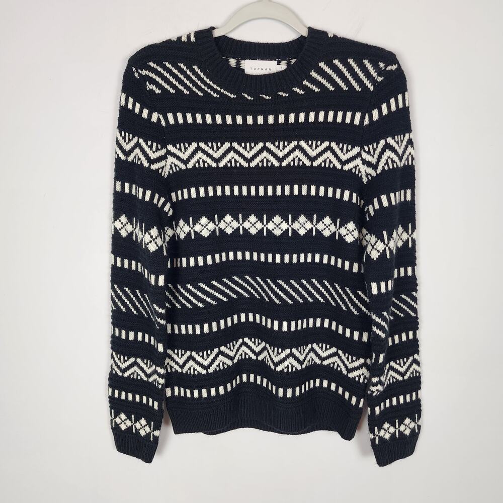 Topman Mens Fair Isle Crewneck Sweater Size S Black White Long Sleeve Holiday